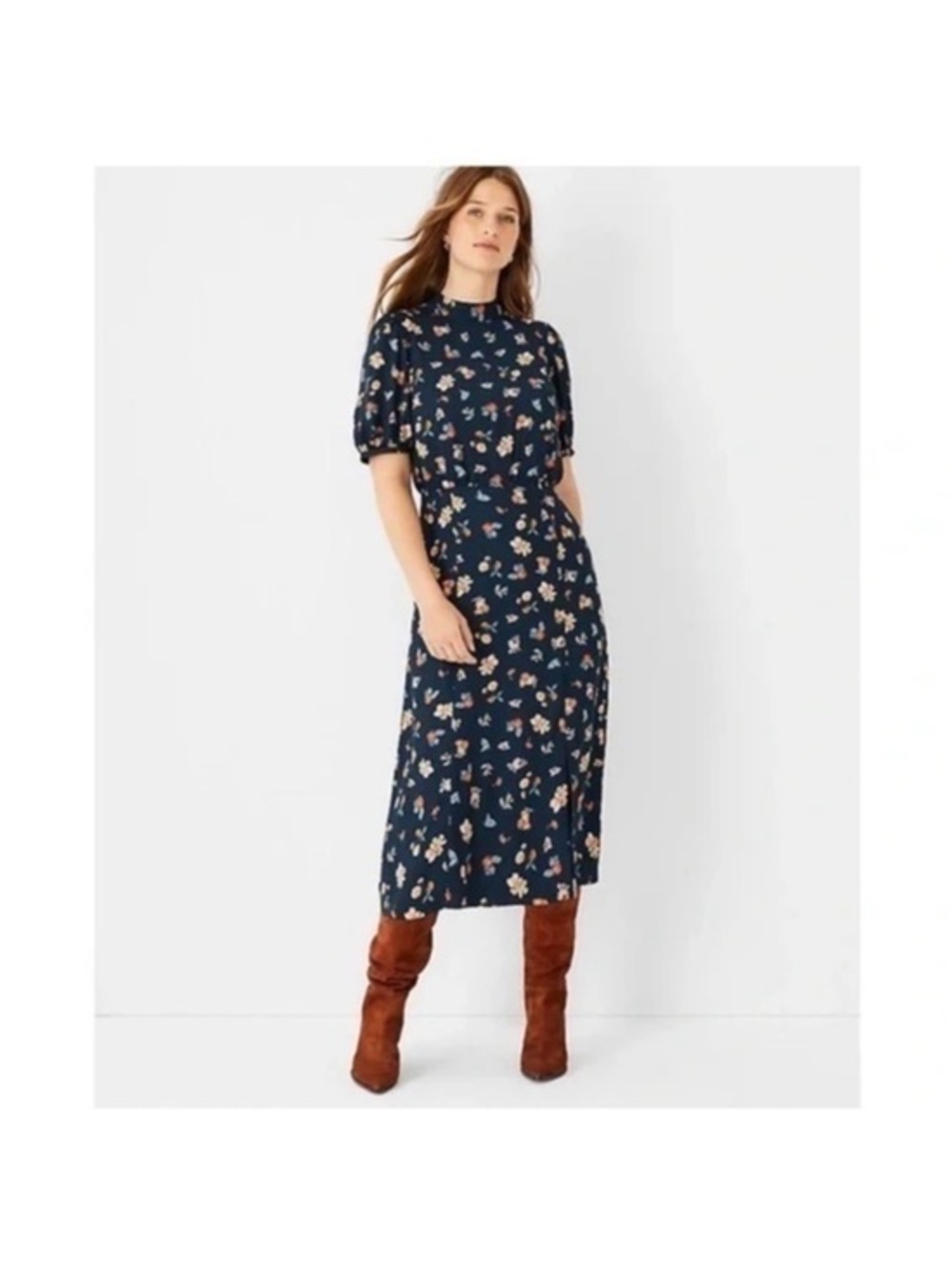 Ann Taylor Floral Blouson Midi Dress in Gypsy Teal, Size O